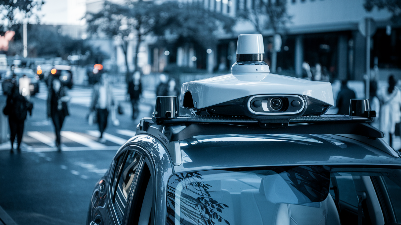 A photo of a self-driving car with a mounted camera on the roof.