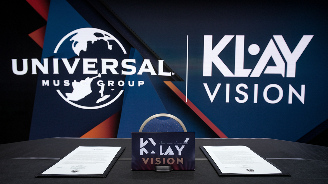 A photo of a signing ceremony between Universal Music Group and Klay Vision.